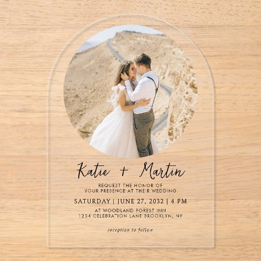 Invitations En Acrylique Mariage d'arche photo ronde noir et blanc simple (Recto)