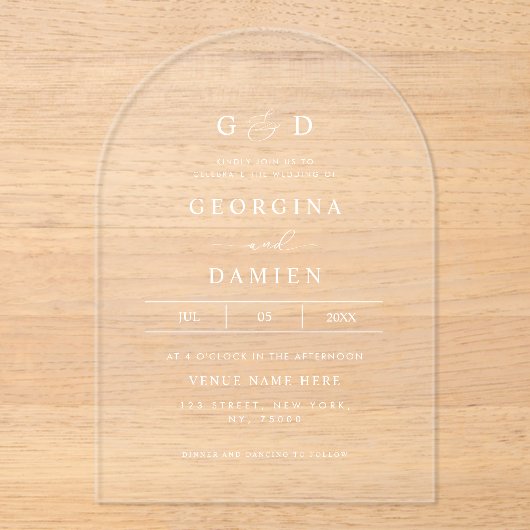 Invitations En Acrylique Mariage d'arche transparent Monogramme moderne (Recto)