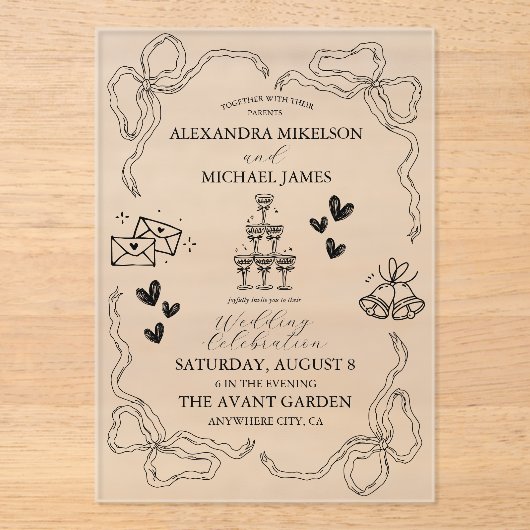 Invitations En Acrylique Mariage d'art gribouillé noir et blanc (Recto)