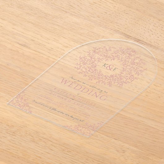 Invitations En Acrylique Mariage d'art monogramme en feuilles roses poussiè (Poser)