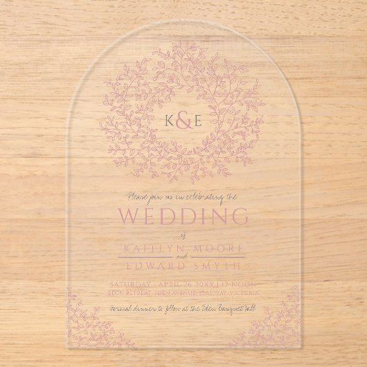 Invitations En Acrylique Mariage d'art monogramme en feuilles roses poussiè (Recto)