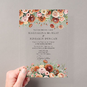 Invitations En Acrylique Mariage d'automne aux fleurs orange rouille, vert