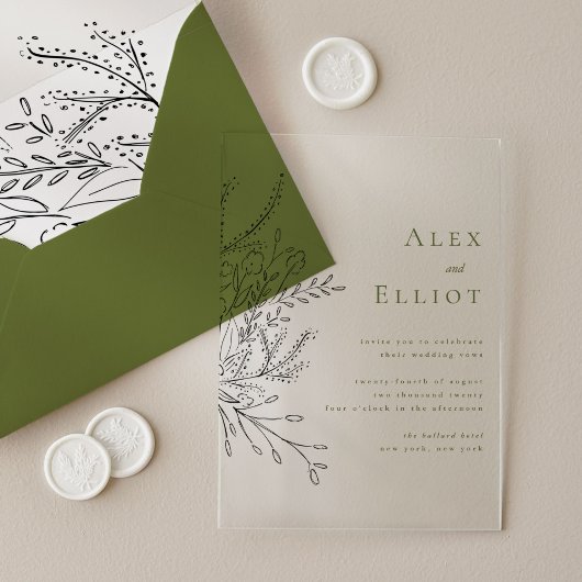 Invitations En Acrylique Mariage de bouquet à débordement vert