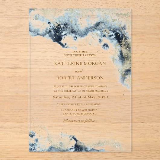 Invitations En Acrylique Mariage de budget côtier aquarelle (Recto)