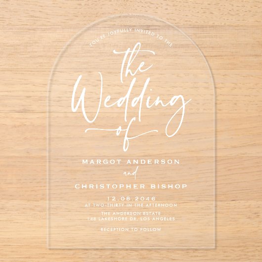 Invitations En Acrylique Mariage de calligraphie à la main blanche (Recto)