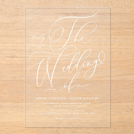 Invitations En Acrylique Mariage de calligraphie géant blanc (Recto)