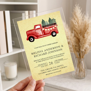 Invitations En Acrylique Mariage de camion de Noël rouge vintage