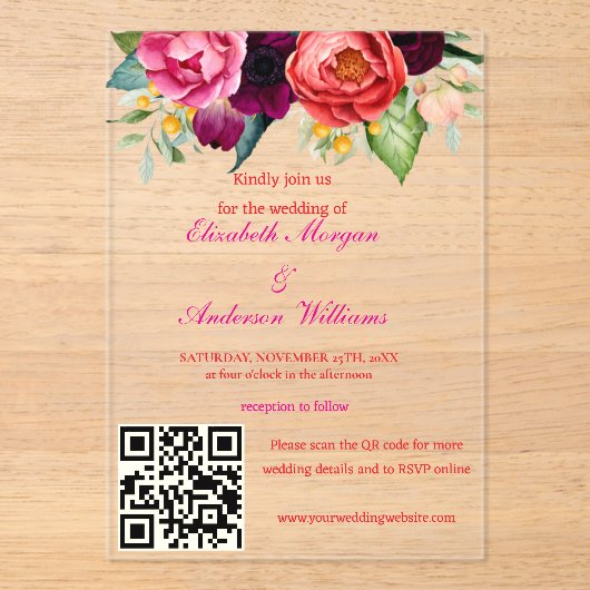 Invitations En Acrylique Mariage de code QR moderne (Recto)