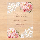 Invitations En Acrylique Mariage de dentelle fleurie de pêche rose (Recto)