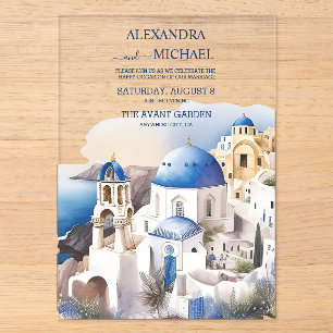 Invitations En Acrylique Mariage de destination à Santorin à l'aquarelle