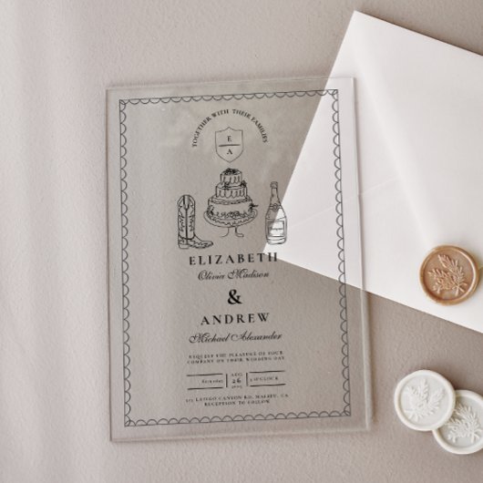 Invitations En Acrylique Mariage de doodle occidental à main blanche noire