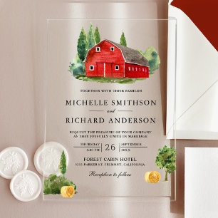 Invitations En Acrylique Mariage de ferme rustique à l'aquarelle rouge gran
