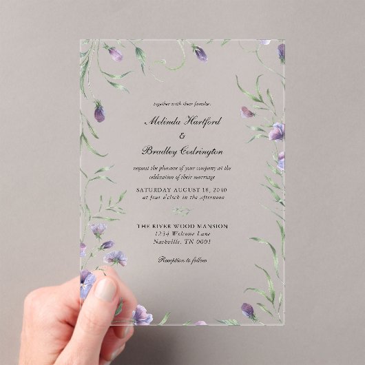 Invitations En Acrylique Mariage de feuillage floral violet blanc (In situ (ordinateur de poche))