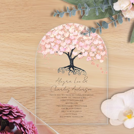 Invitations En Acrylique Mariage de feuilles de coeur rose enchantée Fairyt