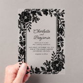 Invitations En Acrylique Mariage de frontière florale noir élégant (In situ (ordinateur de poche))