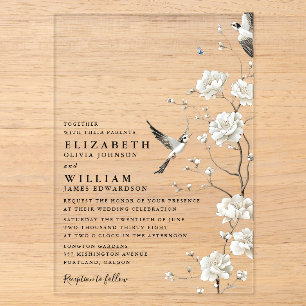 Invitations En Acrylique Mariage de jardin floral élégant en blanc à la chi