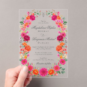 Invitations En Acrylique Mariage de jardin floral rose et orange audacieux