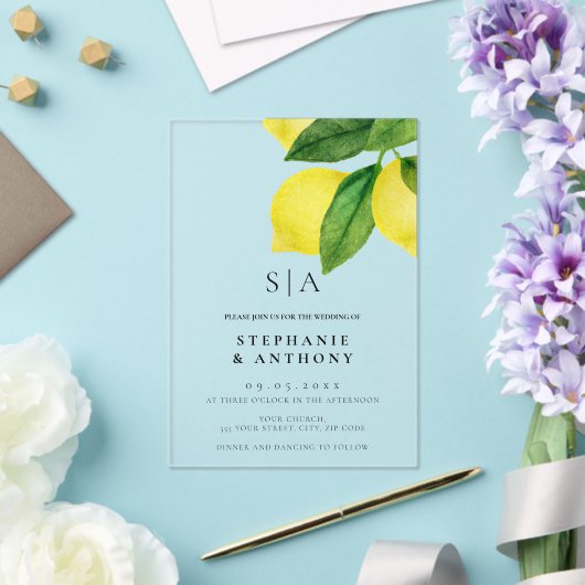 Invitations En Acrylique Mariage de la succursale de citrus Monogram Lemon (Insitu (Mariage))