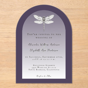 Invitations En Acrylique Mariage de libellules violettes foncées