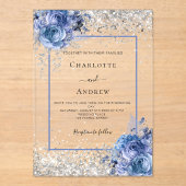 Invitations En Acrylique Mariage de luxe à fleurs bleues argentées transpar (Recto)