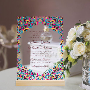 Invitations En Acrylique Mariage de mandala floral fantaisiste bleu magenta