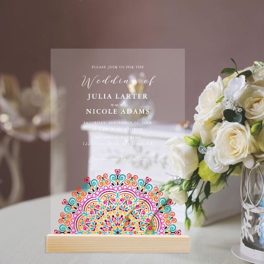 Invitations En Acrylique Mariage de Mandala rétro mexicain Terrain fleuriss