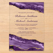 Invitations En Acrylique Mariage de marbre d'agate violet et or (Recto)
