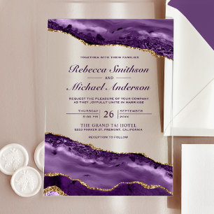 Invitations En Acrylique Mariage de marbre d'agate violet et or