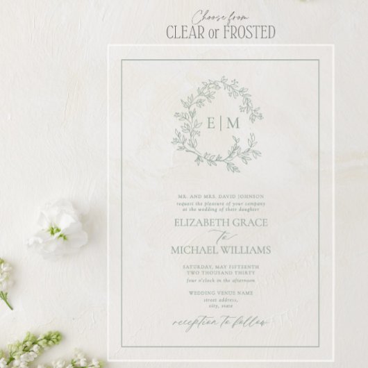 Invitations En Acrylique Mariage de monogramme à poitrine verte de la taill