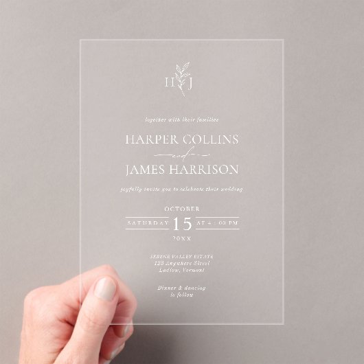 Invitations En Acrylique Mariage de monogramme botanique minimal (In situ (ordinateur de poche))
