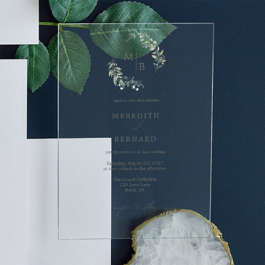 Invitations En Acrylique Mariage de monogramme botanique simple et élégant