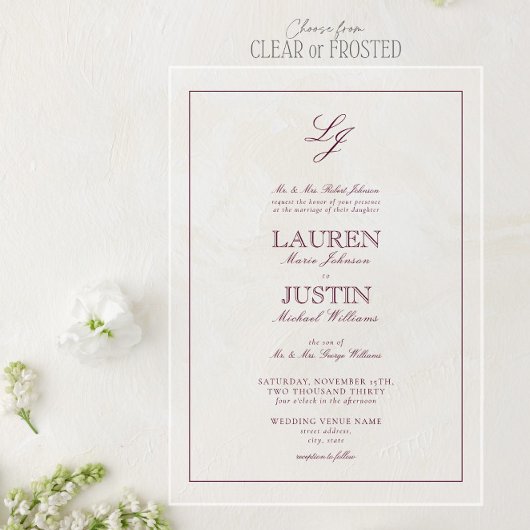 Invitations En Acrylique Mariage de monogramme classique en Bourgogne
