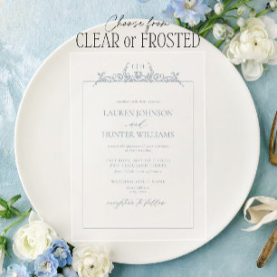 Invitations En Acrylique Mariage de monogramme de bordure bleu-dusty