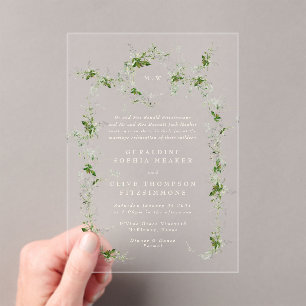 Invitations En Acrylique Mariage de monogramme de crème d'eucalyptus vert