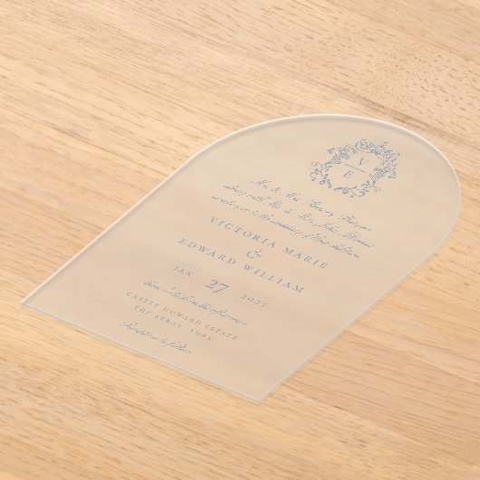 Invitations En Acrylique Mariage de monogramme de crête bleu poussiéreux (Poser)