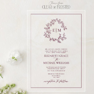 Invitations En Acrylique Mariage de monogramme de crête feuillue de Bourgog