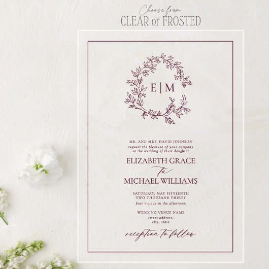 Invitations En Acrylique Mariage de monogramme de crête feuillue de Bourgog