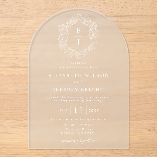 Invitations En Acrylique Mariage de monogramme de crête florale bleu-poussi (Recto)