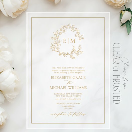 Invitations En Acrylique Mariage de monogramme de poitrine d'or