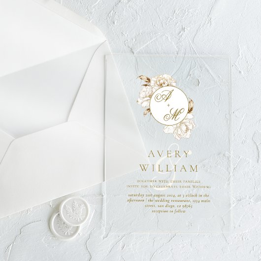 Invitations En Acrylique Mariage de Monogramme d'or blanc
