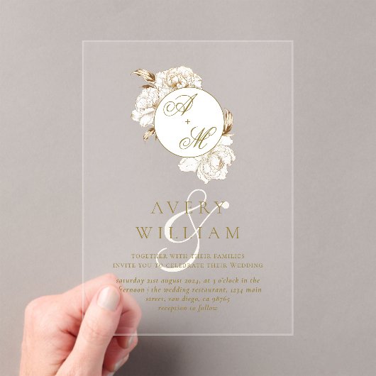 Invitations En Acrylique Mariage de Monogramme d'or blanc (In situ (ordinateur de poche))