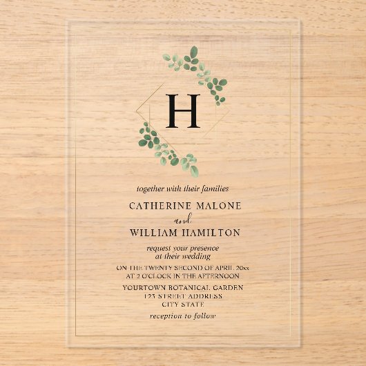 Invitations En Acrylique Mariage de monogramme géométrique de la Botanique  (Recto)