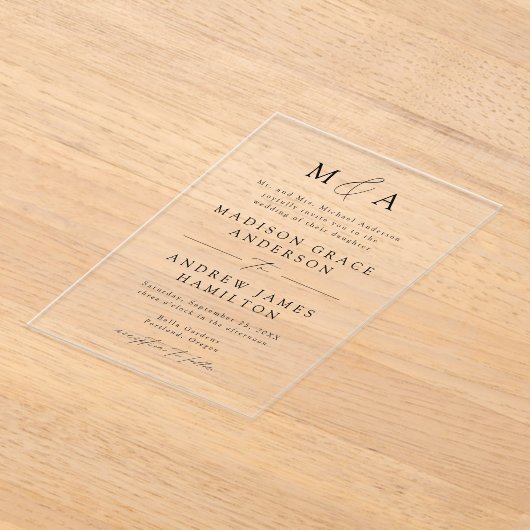 Invitations En Acrylique Mariage de monogramme moderne élégant en noir (Poser)