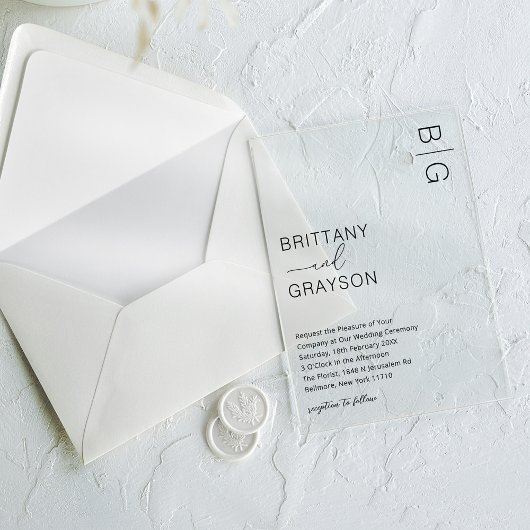 Invitations En Acrylique Mariage de monogramme noir moderne