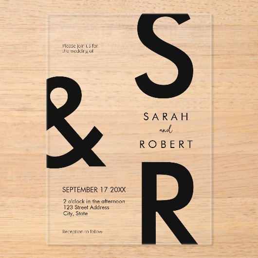 Invitations En Acrylique Mariage de monogramme noir moderne (Recto)