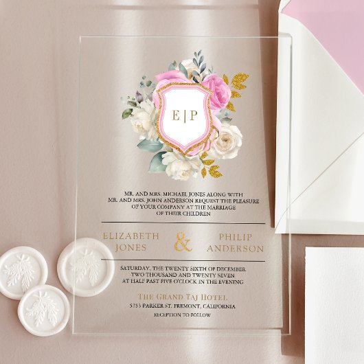 Invitations En Acrylique Mariage de monogramme Pastel Pink Floral Crest