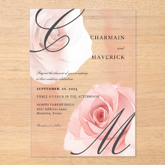 Invitations En Acrylique Mariage de monogramme rose pâle (Recto)