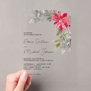 Invitations En Acrylique Mariage de Noël aux Fleurs de Poinsettia