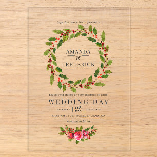 Invitations En Acrylique Mariage de Noël Couronne de Houx Élégante