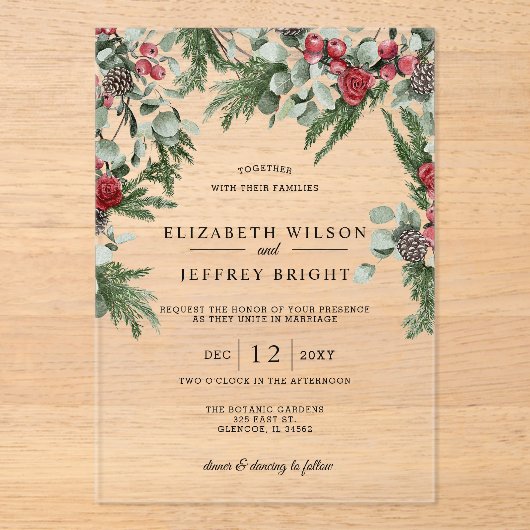 Invitations En Acrylique Mariage de Noël d'hiver des baies de pin rustique (Recto)